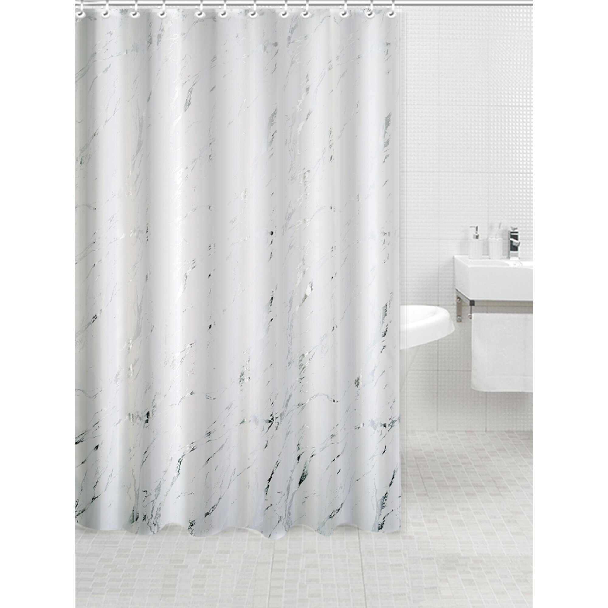 Wrought Studio™ Polyester Silver Foil Marble Printed Shower Curtain ...