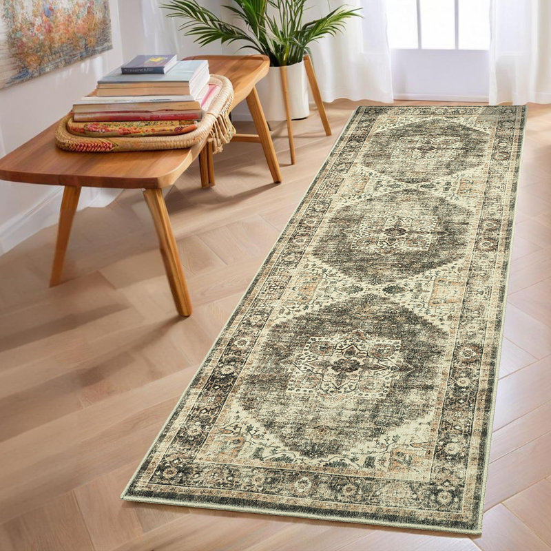 Oriental Machine Washable Area Rug with Rubber Backing for Living Room Non-Slip Indoor Carpet Low-Pile Rug for Bedroom Dining Room Hallway Kitchen Office Playroom Nursery
