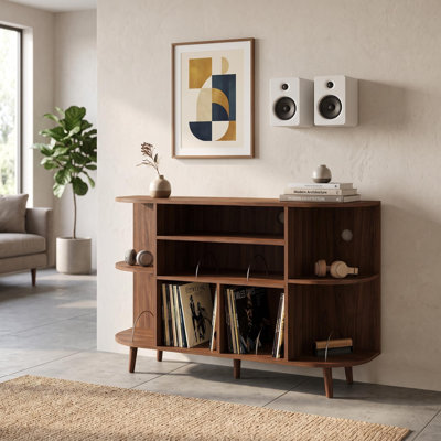 Grand support pour tourne-disque avec station de charge et ports USB | Meuble de rangement pour disques, support de table tournante moderne Mid-Century pour salon de chambre