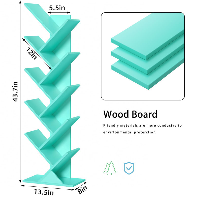 10 Tier Tree Book Shelf, Floor Standing Wood Bookshelf for Narrow Space, Storage Organizer Bookshelves for Books/CDs/Magazine, Bookcase with Shelves for Home Office, Living Room