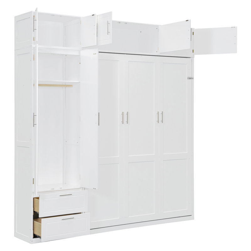 Grand lit escamotable mural avec armoire supérieure, tablettes et garde-robe, lit pliant peu encombrant, blanc