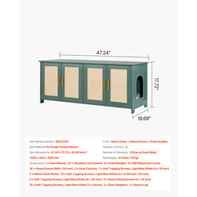 Enclos pour bac à litière pour chats, meuble de rangement de 120 cm avec 4 portes en rotin et 2 entrées, salle de bain intérieure pour chats, maison pour chat en bois, vert, compatible avec la plupart des bacs à litière