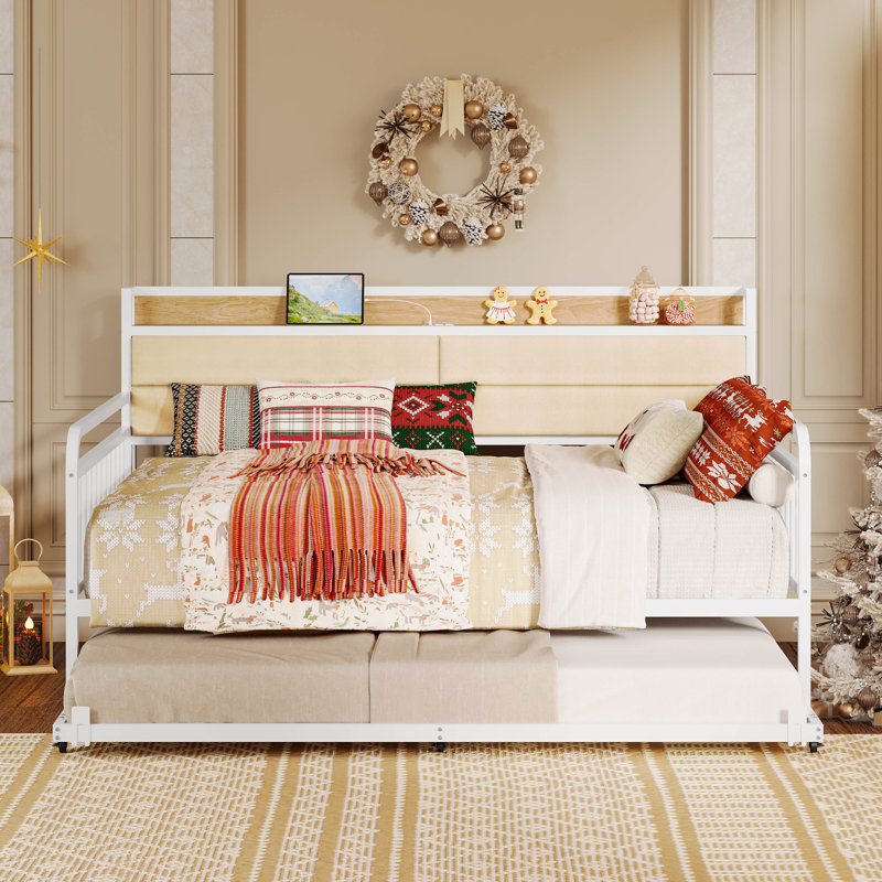 Daybed With Trundle Day Bed With Upholstered Headboard And Charging Station, Full / Double, White