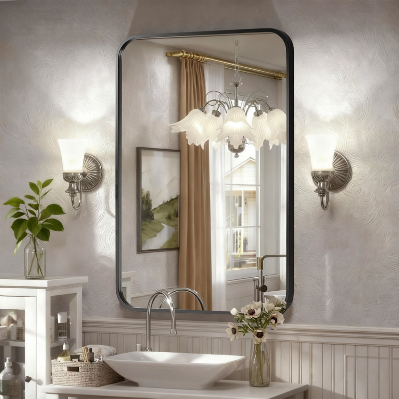 Modern Metal Vanity Mirrors, Wall Mounted Bathroom Mirror, Matte Black, 36" x 24", Rounded Corners