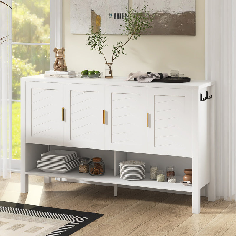 55" W Modern Sideboard With Adjustable Shelves, Double Hooks, White