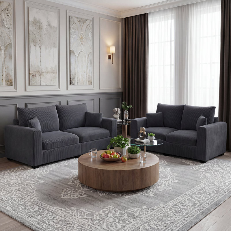 Ensemble de canapé et causeuse 2 pièces avec coussins et coussins épais, Gris foncé