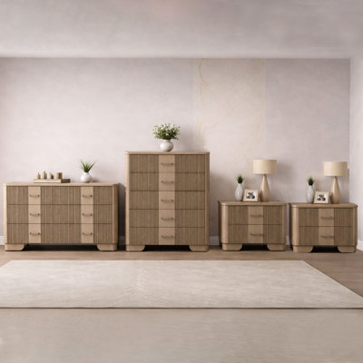 Rosner 4-Piece Bedroom Set, Dresser, Chest and 2 Nightstands in White Oak Finish for Organized Bedroom Storage