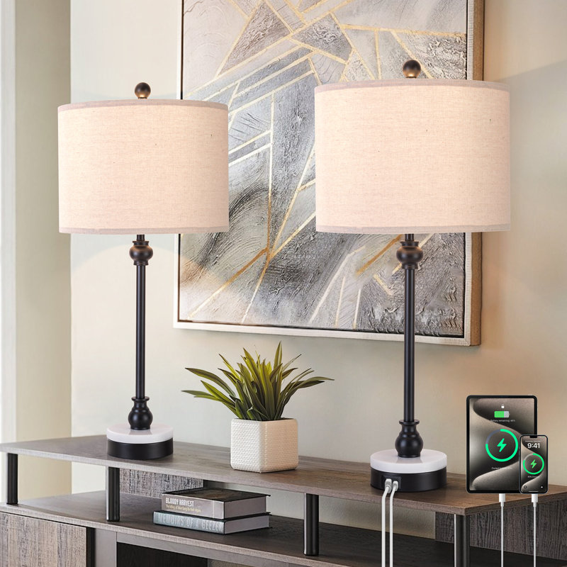 28.5" Modern Transitional Marble Table Lamp with USB & Type-C Ports Tall Dining Lamp for Bedroom Living Room