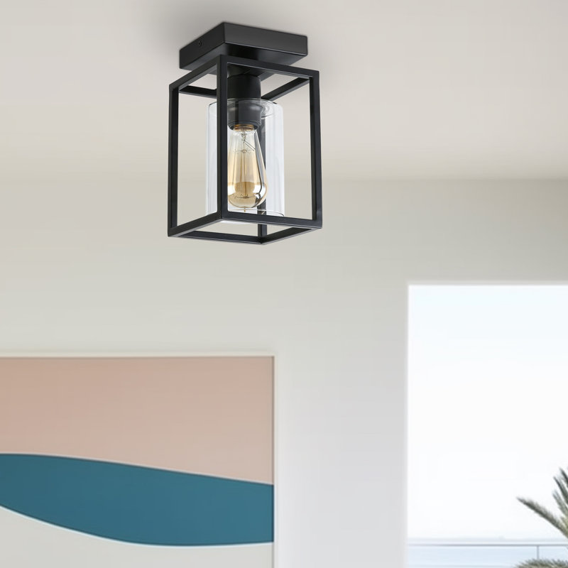 1-Light Square Flush Mount With Clear Glass Shade, Matte Black