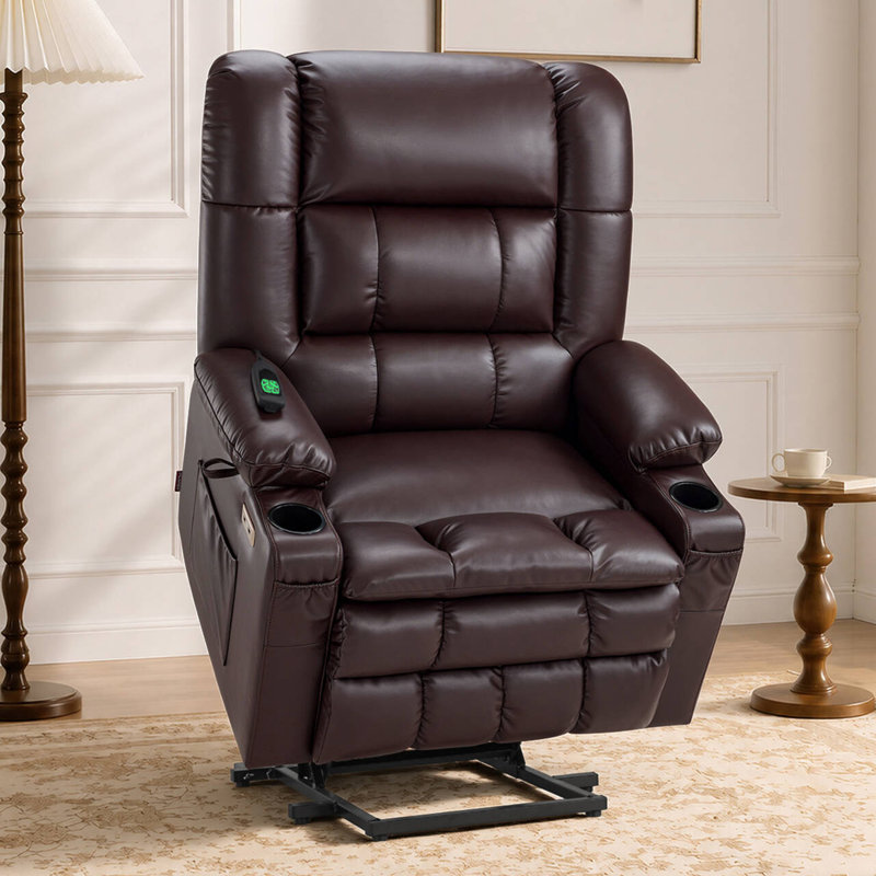 26'' W Oversized Dual Motor Power Lift Recliner Infinite Position With Heat And Massage, Faux Leather, Brown