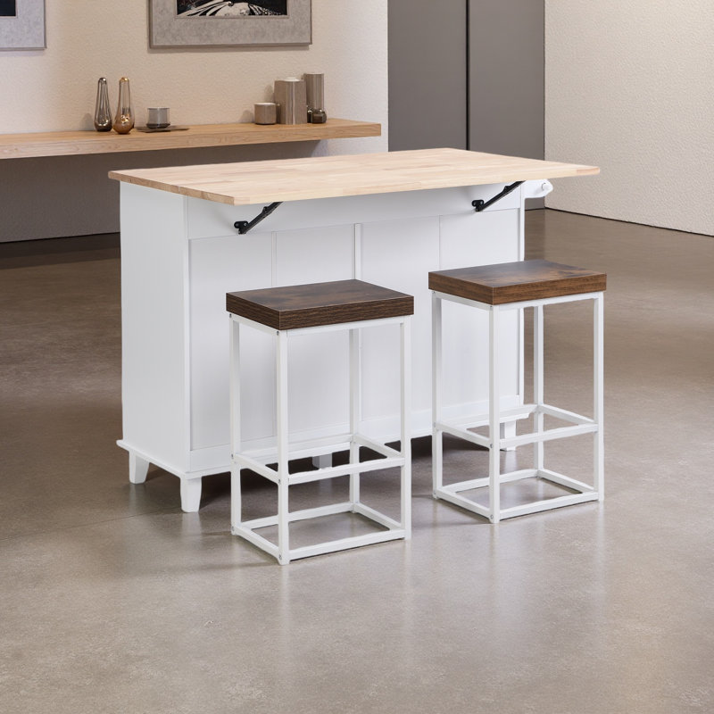 Armhouse Kitchen Island Set With Drop Leaf And 2 Seatings, White