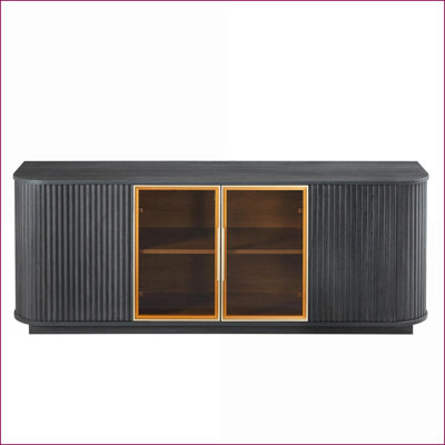 Cabinets, meuble télé à vagues modernes l 64 po x P 15 po x H 24 po avec lumières DEL, portes ouvertes, panneau de particules noir et panneau de fibres à densité moyenne | Contemporain | Salon