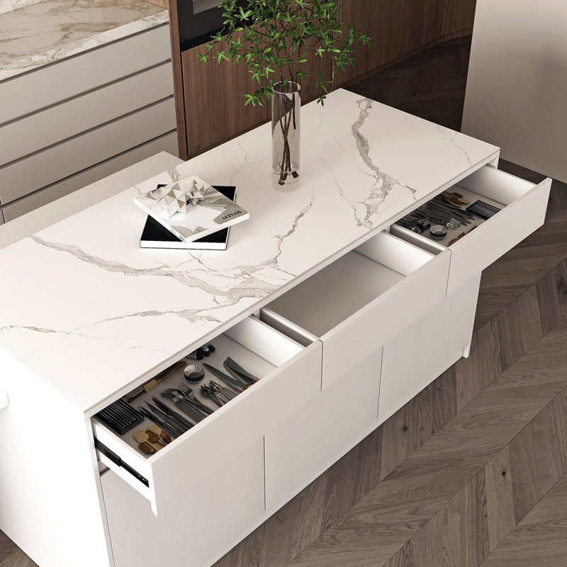 81''-106" Extendable Kitchen Lsland With Doors&Drawers Sintered Top, White, Stone