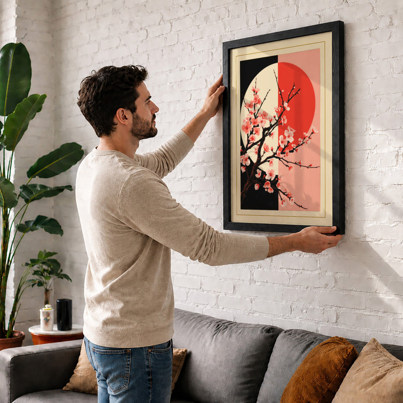 Moonlit Cherry Blossom Japandi - Framed Print, Unframed, A4 - 29.7 x 21.0 cm