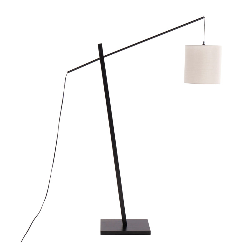 Arturo Contemporary Floor Lamp In Black Wood And Black Steel With Fabric Shade, Black, Light Gray