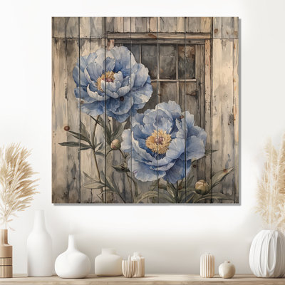 Pivoine bleu acier par la remise III - reproduction de bois de pivoines - sur bois de pin naturel