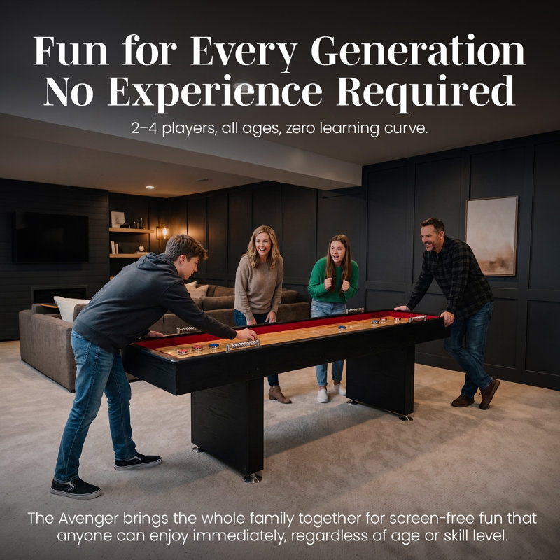 Hathaway Avenger 9 Ft Shuffleboard Table for Family Game Room – Poly-Coated Playfield, Built-In Scorer & Cabinet, Carpeted Gutters, 8 Pucks, Brush & Wax – Black Finish