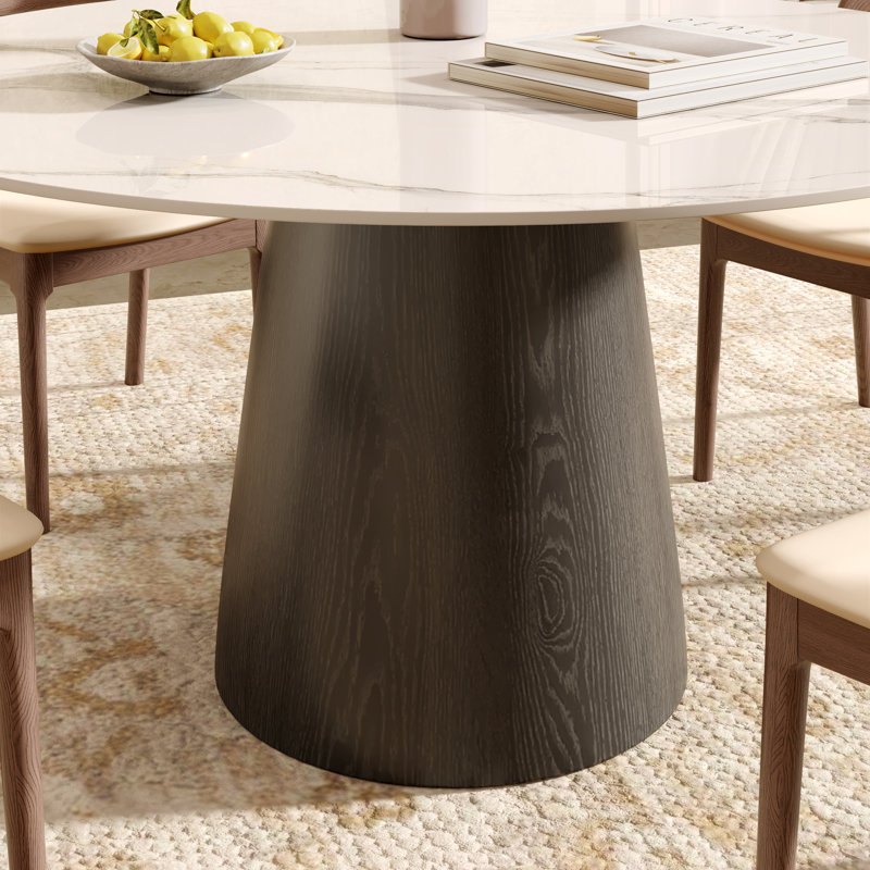 Table de salle à manger ronde 6 pièces avec chaises ergonomiques en bois Bobrow, Snowridge / noir, Noyer foncé