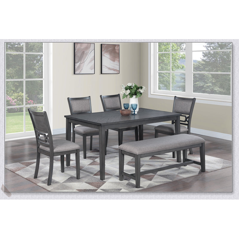 Ensemble de salle à manger 6 pièces avec table en bois d'hévéa, 4 chaises d'appoint et banc Modern
