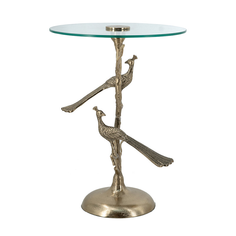 D17.5X24" Gold Peacock Side Table With Round Glass Top