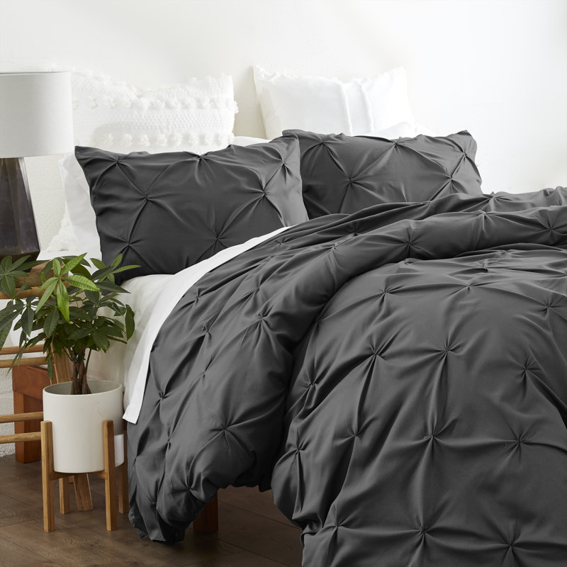 Pinch Pleat Textured Duvet Cover Set, Twin Duvet Cover + 1 Sham, Gray