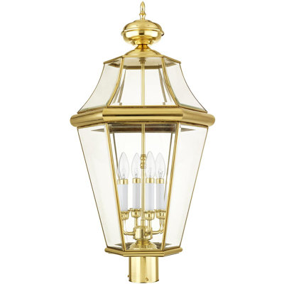 Polished Brass Outdoor Post Lantern with Clear Glass Shade - 4 Light Fixture