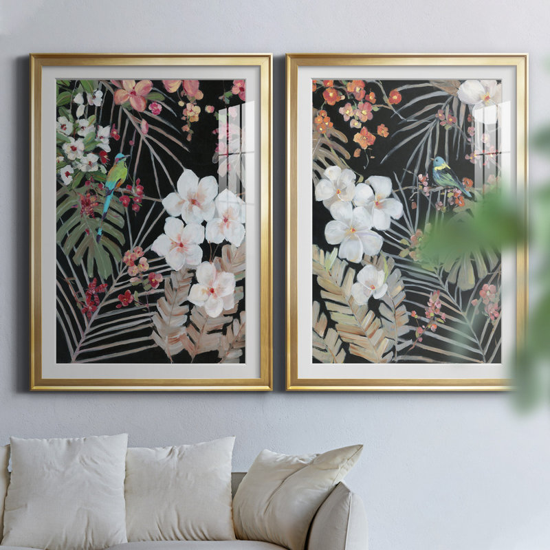 Tropical Midnight I - ensemble de 2 reproductions d'art, H 26,5 po x l 73 po x P 1,5 po, Papier encadré doré, Blanc