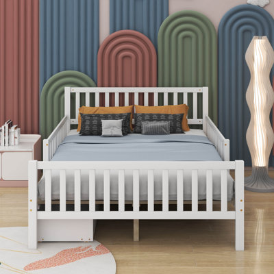 Wood Platform Bed With Guardrails And Drawers