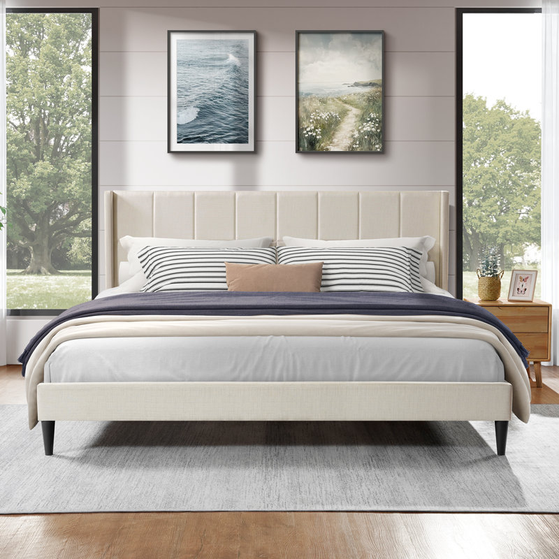 Luma King Upholstered Wingback Platform Bed, Beige