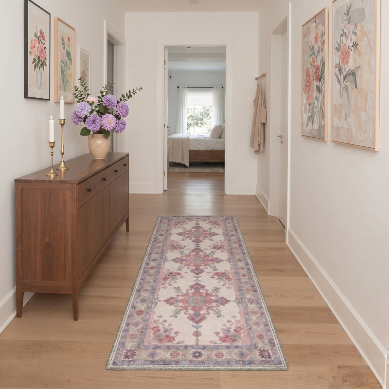 Bloomfield Vintage Floral Machine Washable Blue / Pink / Beige Indoor Area Rug with Non-Slip Backing, Runner 2' x 6'