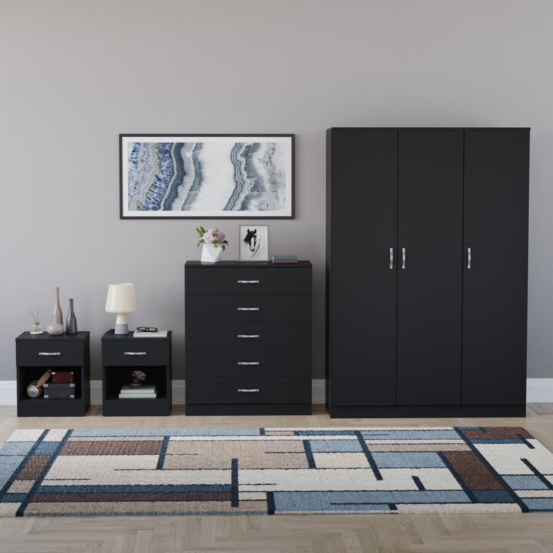 Tayce 4 Piece Bedroom Set (1 Drawer Bedside Chest X2, 5 Drawer Chest, 3 Door Wardrobe), Black
