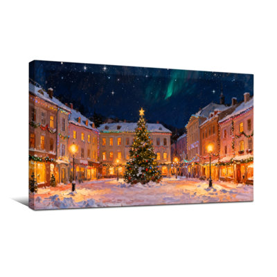 Noël, ville de Noël, ciel nocturne, aurores boréales, bâtiments de neige