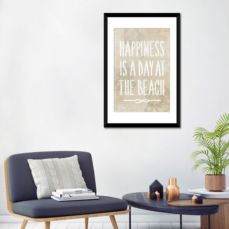 «Happiness Is a Day at The Beach», reproduction sur toile, H 32 po x l 24 po x P 1 po, Papier beaux-arts encadré noir, Blanc