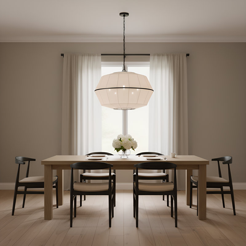 Ellen Degeneres Hikari 5 Light Dining Room Pendant With White Linen Shade, 87.75" H x 32.25" W x 32.25" D, Aged Iron