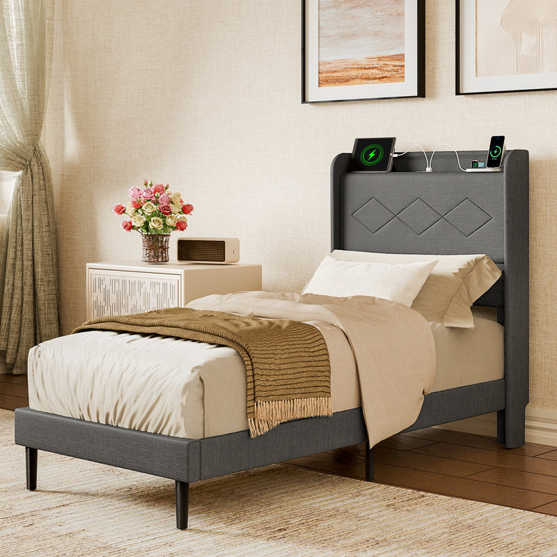 Upholstered Bed Frame with LED Lights & Charging Station, Wingback Headboard, Twin