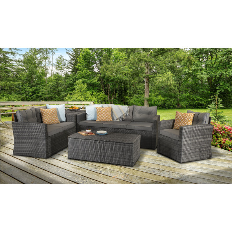 Helfrich 6 Seater Rattan Effect Sofa Set, Dark Brown/Grey