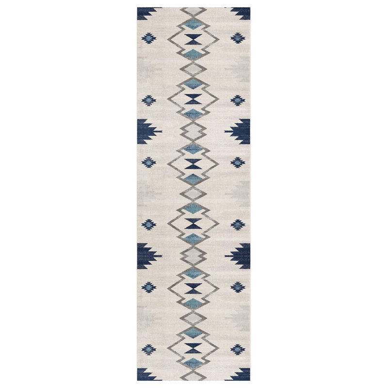 12' Blue And Beige Abstract Runner Rug