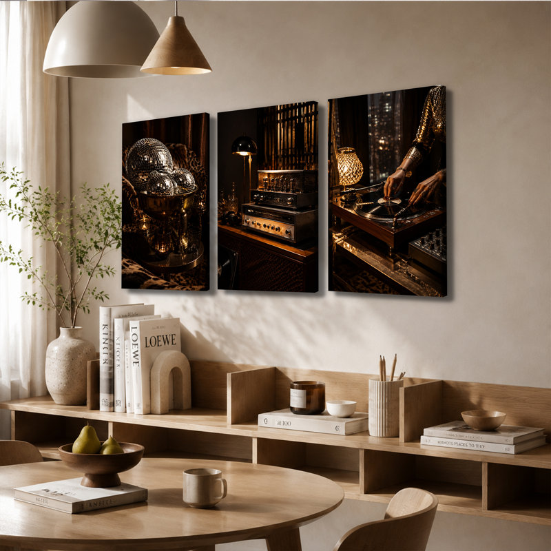 Tableau mural à 3 panneaux, scène musicale disco rétro sur vinyle, impression sur toile tendue pour salon, 24 * 36 pouces * 3