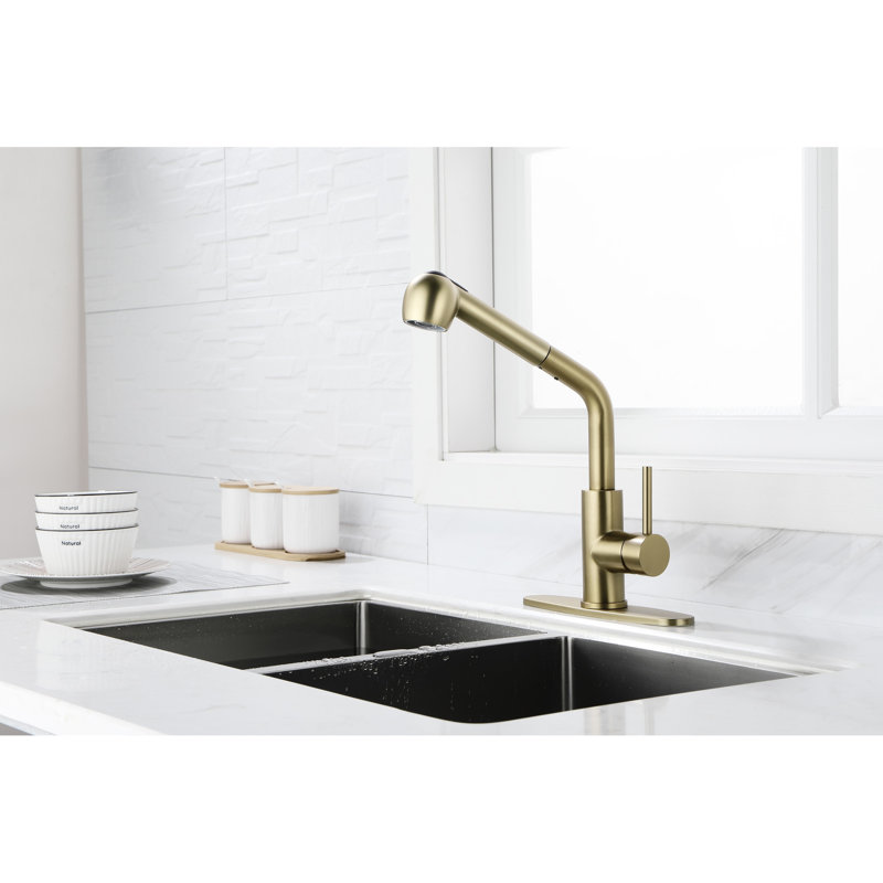 Dual Spray Function Single Pull-Out Sink Faucet In Spot Gold Stainless, 360 Rotating High Nozzle, Water Flow And Temperature Easy To Manage, Rust Design Laundry Simple Adjustment, Dirt Treatment