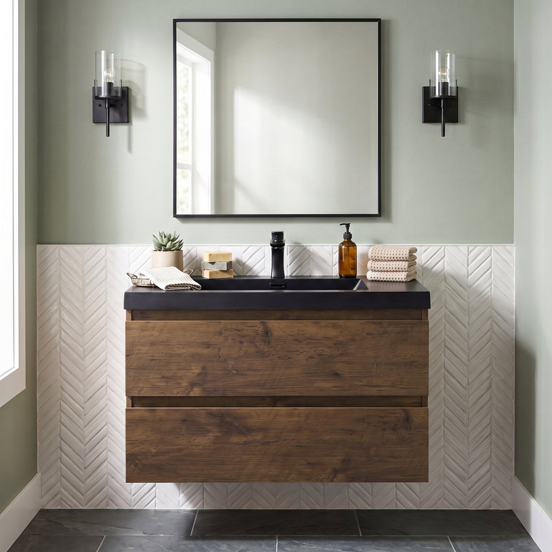 Meuble-lavabo mural simple 30 po avec comptoir en quartz, Noyer