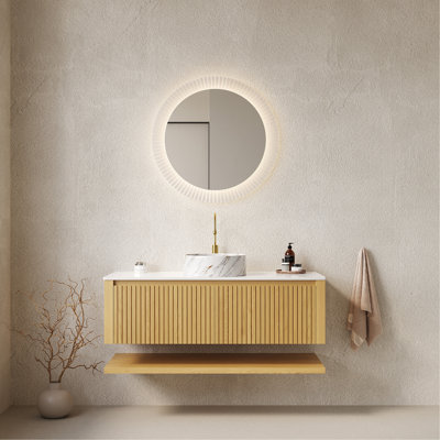 Meuble-lavabo 48 po, meuble de rangement mural en contreplaqué avec tiroirs et tablette ouverte, comptoir en pierre frittée et lavabo en céramique, pré-assemblé, grain de bois de chêne Corolla (nouveau SKU)