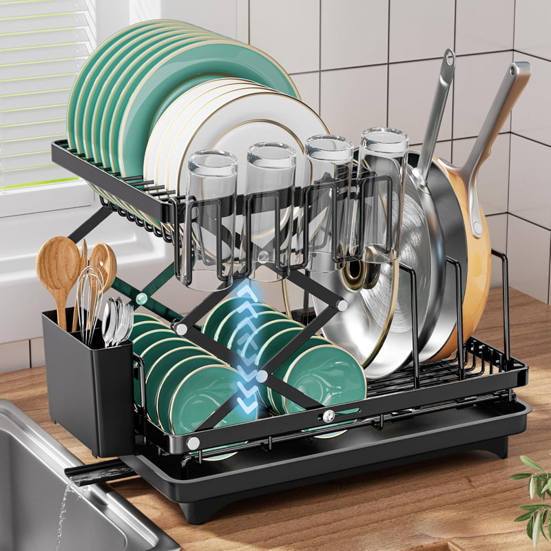 Expandable 2-Tier Dish Drying Rack - Adjustable Height, Drainage Board, Utensil Holder For Kitchen Counter