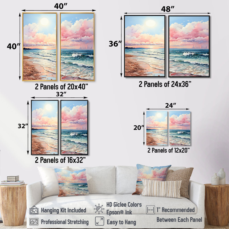 Brise de plage rose - impressions d'art roses sur toile 2 panneaux, H 32 po x l 32 po, Noir