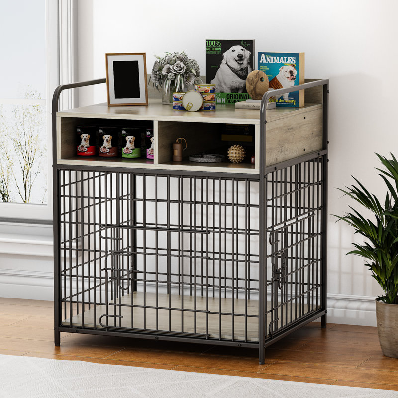 Small Dog Crate Furniture With Drawers Storage, Puppy Dog Kennel Indoor With Double Doors, Heavy Duty Wooden Dog Cage Table, Sturdy Metal
