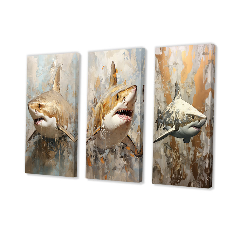 Minimalism Shark Painting In Golden Beige - Shark Wall Art Prints Set Of 3, 40" H x 60" W, Wrapped Canvas