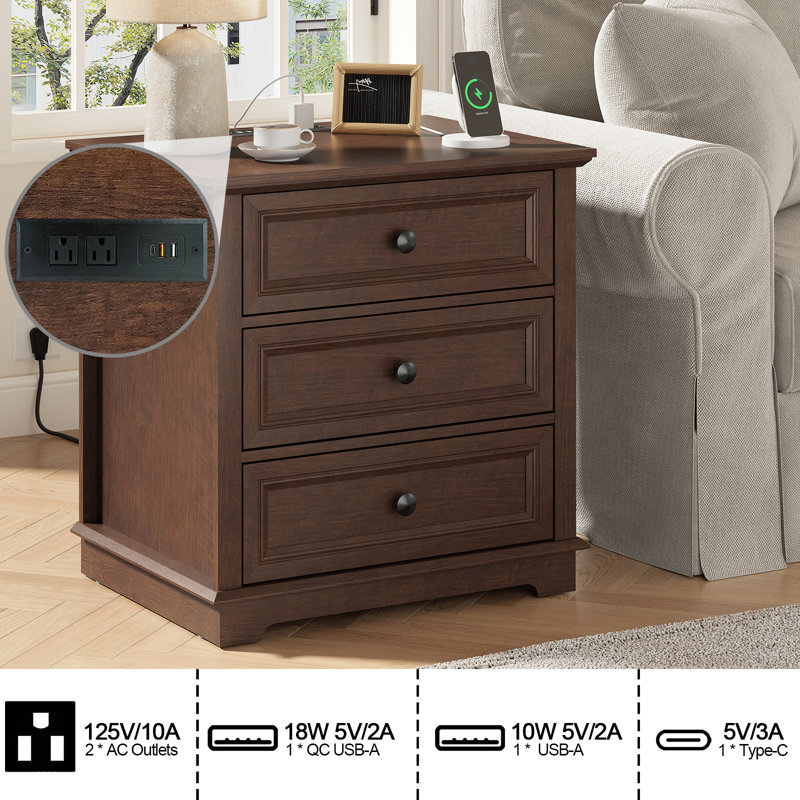 3-Drawer Beattie Sets with Storage and Built-in Outlets, Cherry