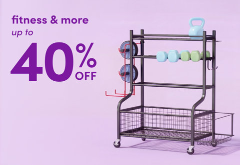 Fitness and more up to 40 percent off, featuring a metal gym storage rack with shelves and hanging hooks on a light purple background.