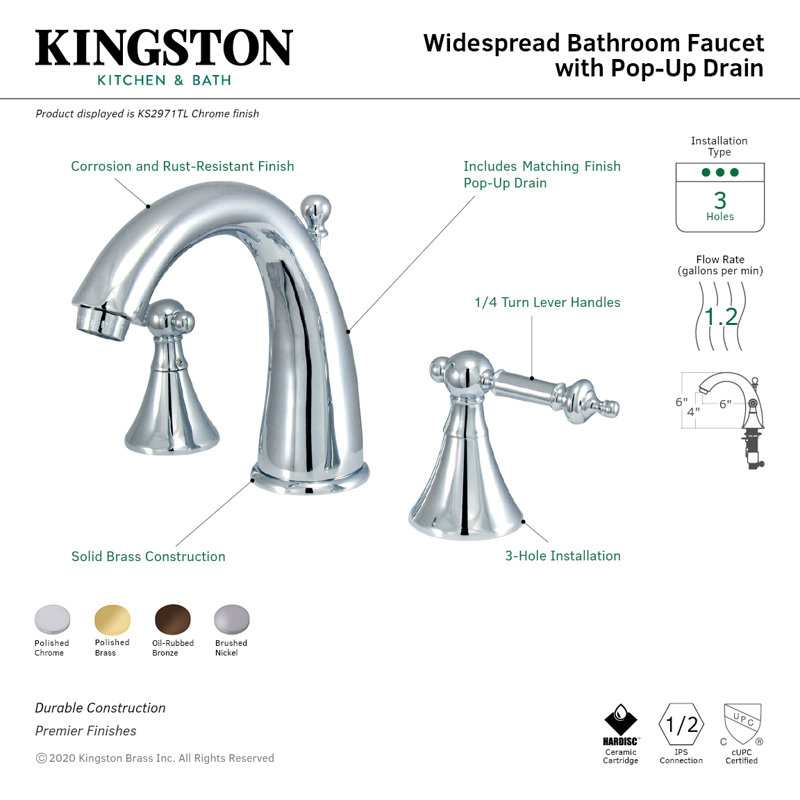 Kingston Brass Templeton Two-Handle 3-Hole Deck Mount Widespread Bathroom Faucet with Brass Pop-Up Drain, Brushed Nickel