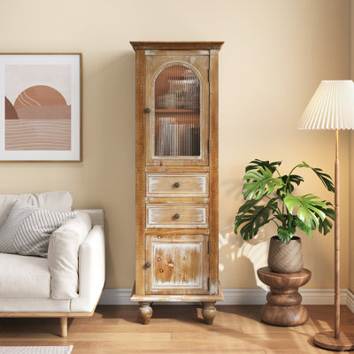 Rustic Tall Narrow Storage Cabinet with Glass Door and Drawers – Distressed Wood Finish