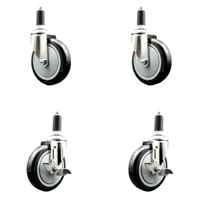 5 Inch 316SS Black Poly Swivel 1-1/4 Inch Expanding Stem Caster Set 2 Brake SCC